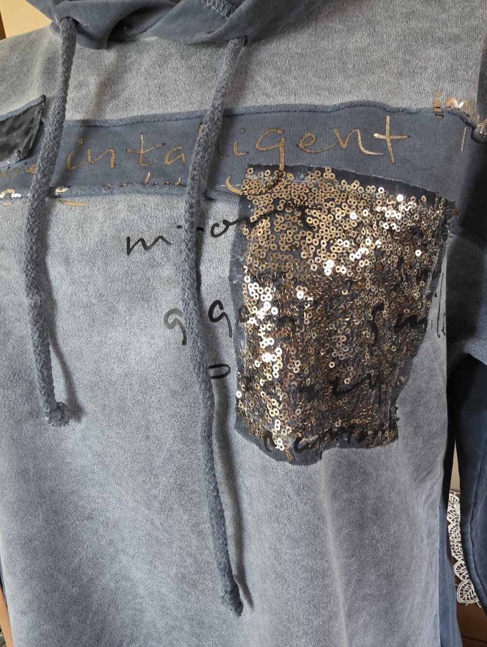 Made In Italy Sequin Pullover Suede Like Fabric Lightweight Hoodie in Dusty Blue - Picture 4 of 12